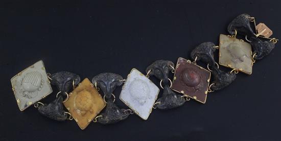 A 19th century Italian yellow metal mounted variegated lava bracelet, 20.5cm.